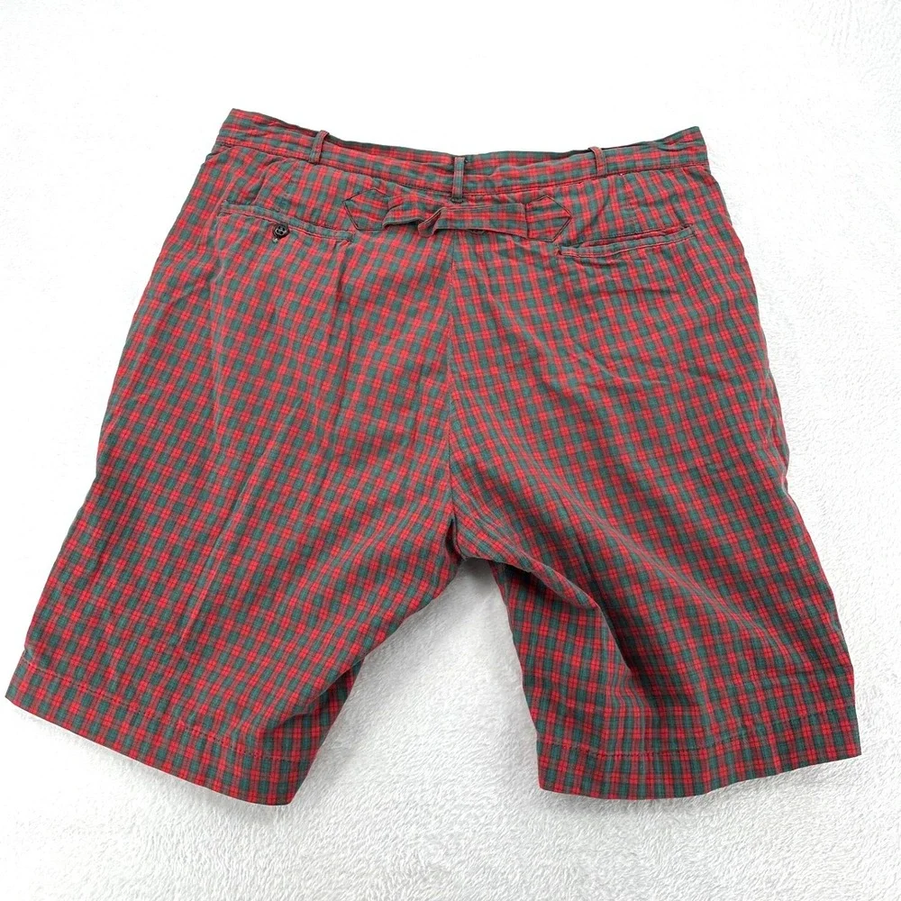 Vintage Red Green Plaid Cinch Back Shorts Men SZ 37 Flat Front Preppy Streetwear